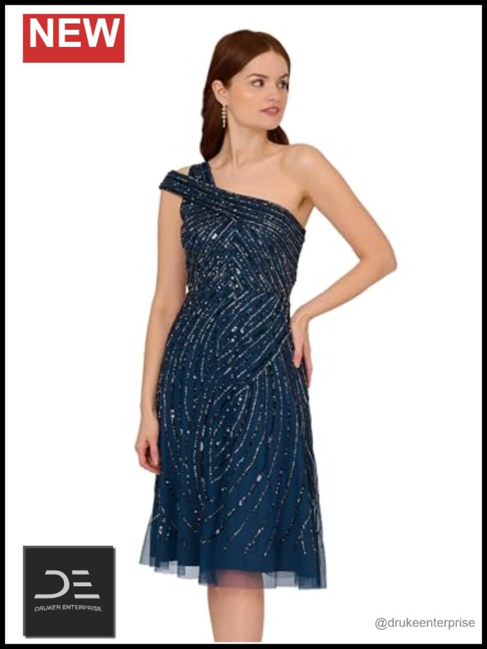 Beaded One Shoulder Midi Dress Sleeveless A-Line Cocktail Party